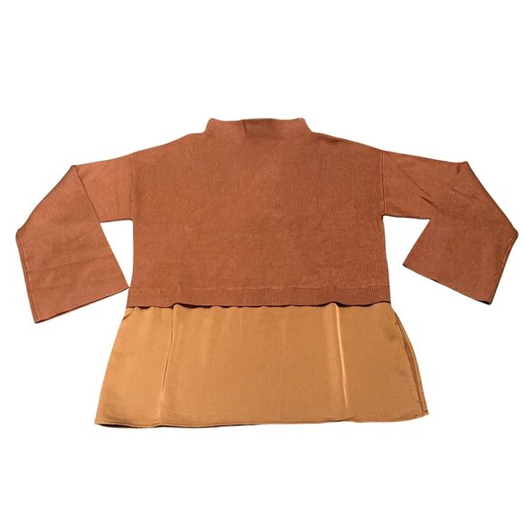 Calvin Klein S Copper Knit Satin Hem Tunic Top Layered Mock Neck Minimalist Chic - Picture 9 of 10